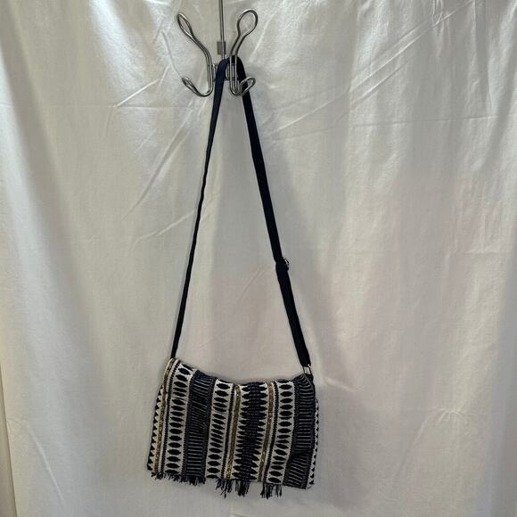 Boho Fringe Crossbody Bag – Navy & Cream Woven Fabric - Picture 2 of 7